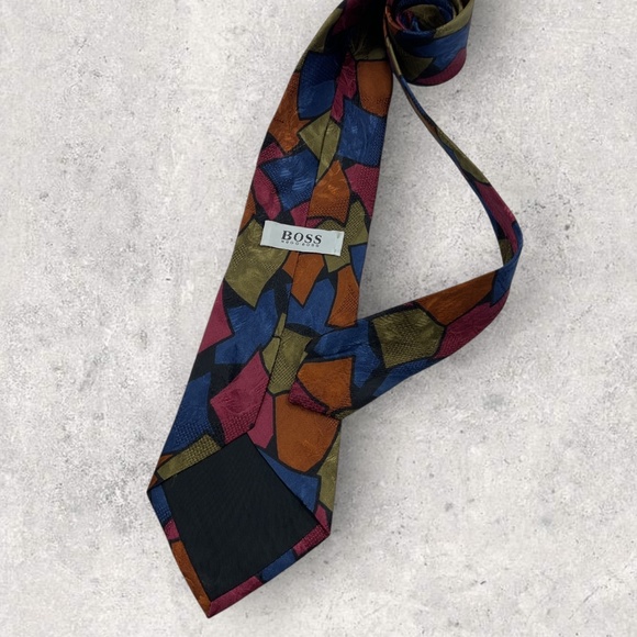 HUGO BOSS WHITE TAG Blue/Orange Geometric Art Silk LUXURY Tie ITALY - Picture 2 of 5